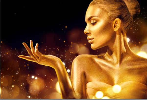 Glasschilderij  gouden vrouw met hand