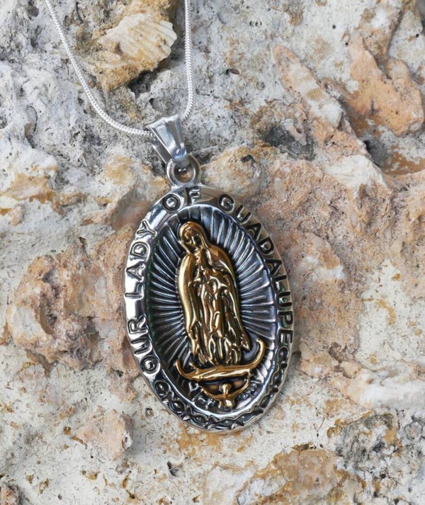 Guadalupe Silver-Gold SS Medal Pendant 1-1/2" x 1-1/8" with Chain