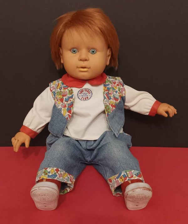 Antiguo muñeco nene baby feber pelirrojo cuerpo de trapo con conjunto ropa años 80