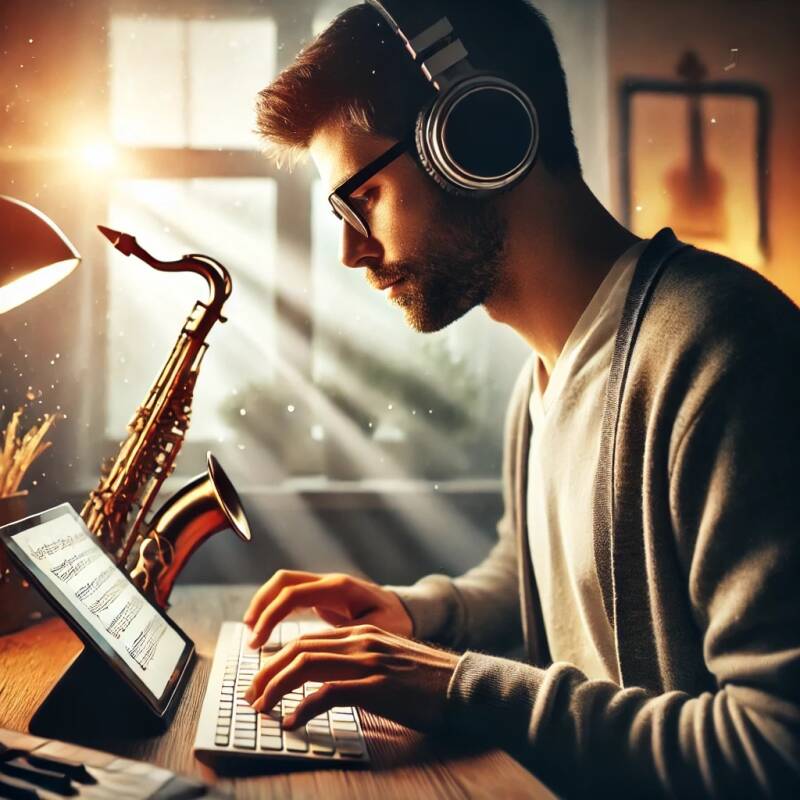 Man zit aan een bureau, werkt aan een iPad met toetsenbord, terwijl hij jazzmuziek via headphones luistert voor concentratie