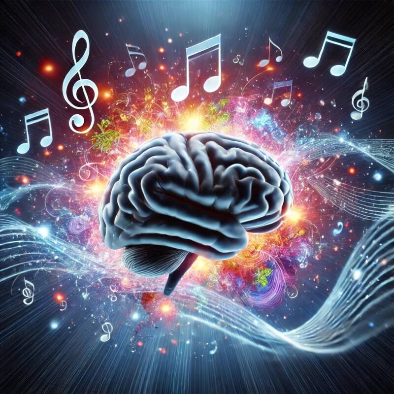 Conceptuele afbeelding van een brein omringd door muzikale noten en geluidsgolven, die de positieve effecten van muziek op hersenletsel symboliseren