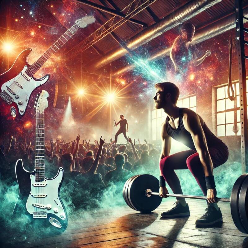 Man in sportschool tilt gewichten, luisterend naar rockmuziek, met een Under Armour shirt aan voor extra motivatie