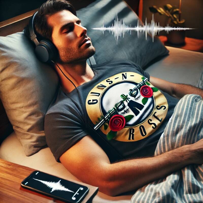 Man ligt in bed, luistert naar binaural beats via headphones, met zijn telefoon op het nachtkastje voor een betere nachtrust