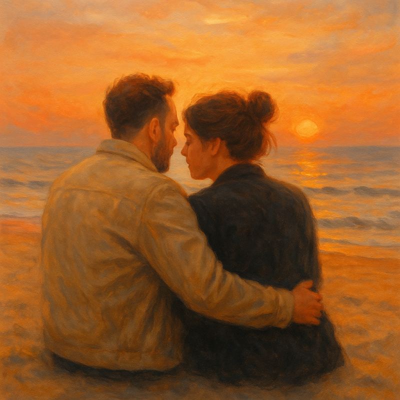 Twee mensen zitten dicht bij elkaar op het strand tijdens zonsondergang – beeld van rust en verbondenheid