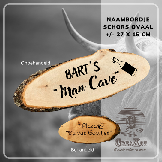 Naambordje (ovaal + schors ) voor Papa's Man Cave