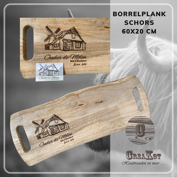 Borrelplank met schors en 2 handvaten 60x20 cm