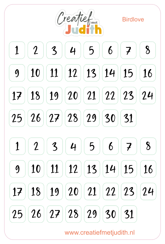 Dagen van de maand 1-31 birdlove stickervel