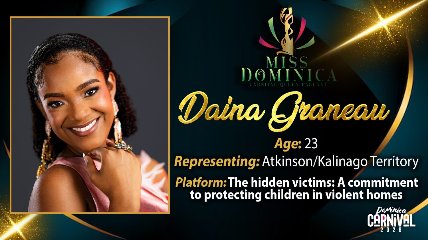 Smiling Miss Dominica pageant contestant wearing elegant makeup and hairstyle.