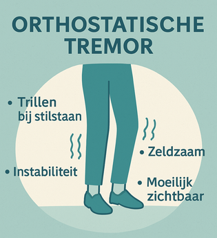 Grafische weergave van symptomen van orthostatische tremor: trillen bij stilstaan, instabiliteit, zeldzaam en moeilijk zichtbaar.