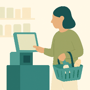 Persoon met OT scant boodschappen in de supermarkt, symbool voor het ongemak van stilstand in alledaagse situaties zoals bij de kassa.