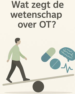 Illustratie bij wetenschappelijk onderzoek naar orthostatische tremor, met balanssymbool, medicatie en hersenactiviteit.