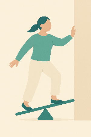 Illustratie van iemand die subtiel balans zoekt bij stilstand, passend bij onzichtbare klachten zoals orthostatische tremor