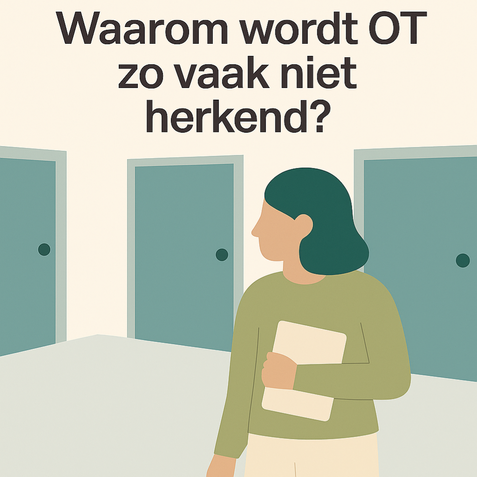 Vrouw met medische map voor gesloten deuren – verbeelding van late herkenning bij orthostatische tremor.