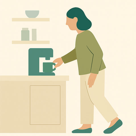 Grafisch beeld van instabiliteit bij multitasken in de keuken, herkenbaar bij orthostatische tremor.