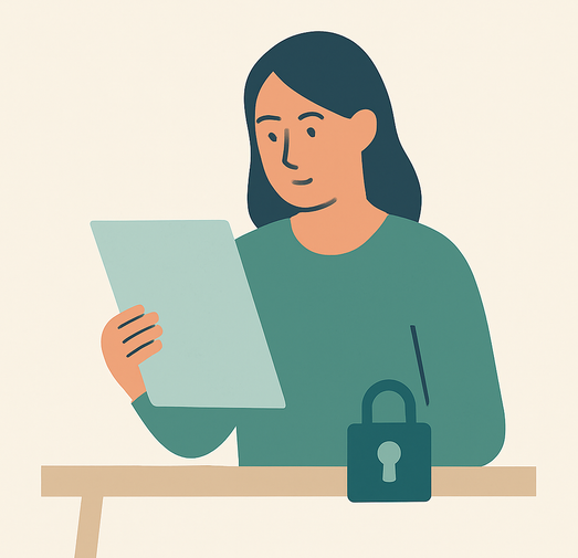 Illustratie van een vrouw die medische informatie leest, met slotje op tafel als symbool voor privacy bij ziekmelding en bedrijfsarts.