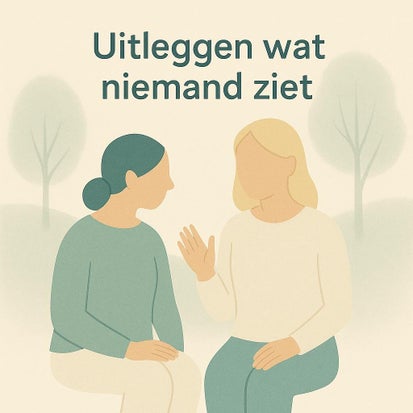 Illustratie van uitleg over onzichtbare klachten bij orthostatische tremor, met twee personen in gesprek.