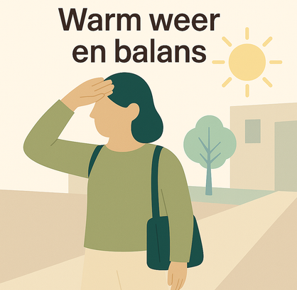 Beeld bij warm weer en orthostatische tremor, met focus op instabiliteit door hitte en omgevingsfactoren.