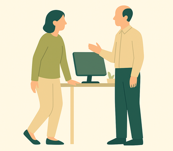 Grafische weergave van een werkgesprek over klachten of grenzen bij orthostatische tremor, met aandacht voor communicatie en begrip.