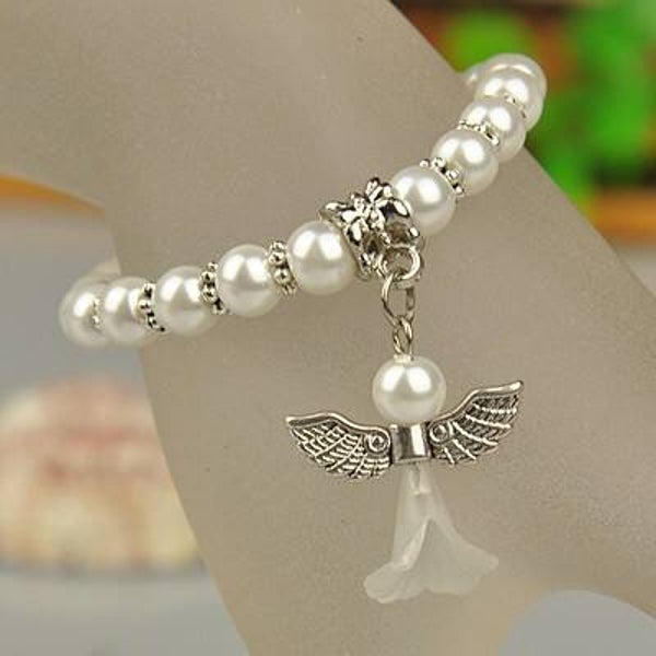 Armband barnmodell, material glas, med ängel, vit
