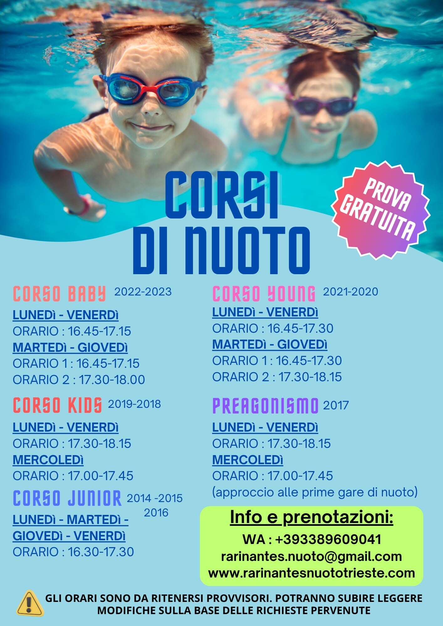 corsi di nuoto a Trieste 2026-2027