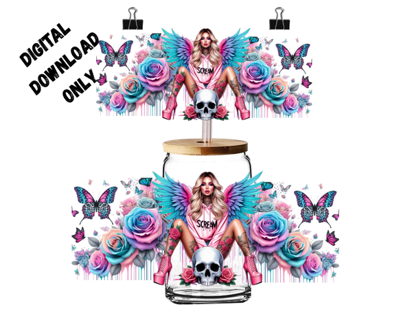 PNG Digital download scream woman skull flowers 16oz