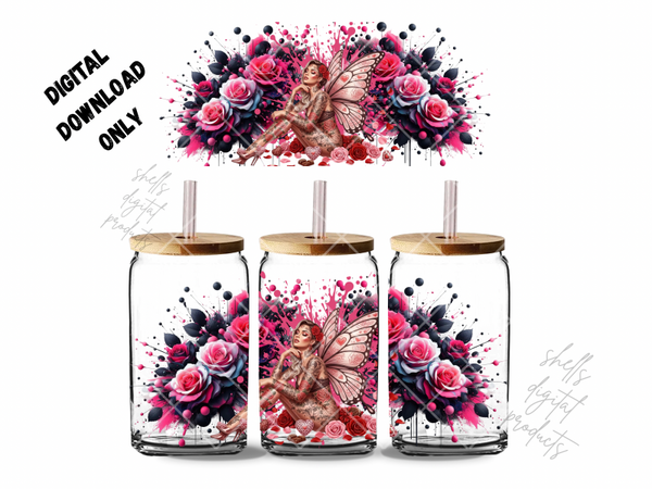 Beautiful tattooed woman with fairy wing surrounded by flowers png dd 16oz
