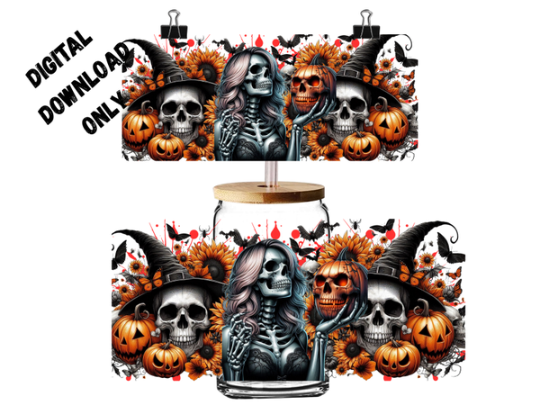 PNG digital download for 16oz tumbler Halloween skull woman