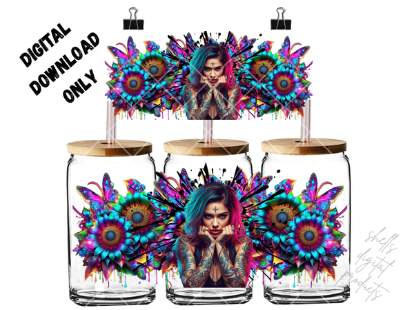 Woman with holographic flowers png dd 16oz tumblers