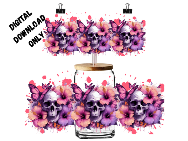 PNG digital download for 16oz tumbler skulls,butterflies,flowers