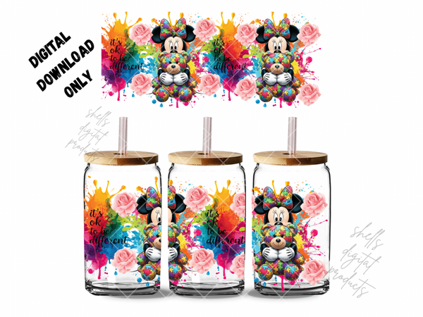 Minnie Mouse and puzzle bare it’s ok to be different png dd for 16oz tumblers