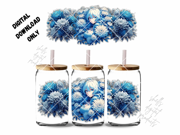Blue Woman with flowers all around her png dd 16oz