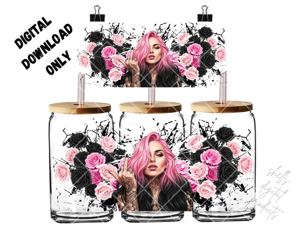 PNG dd pink hair woman giving the middle finger 16oz wrap
