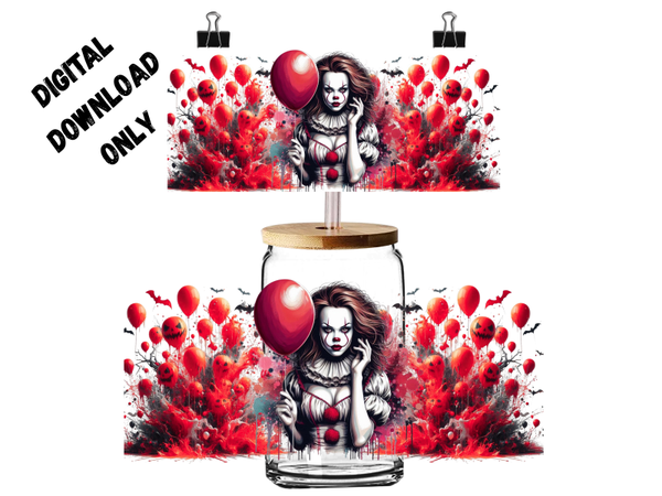 PNG digital download woman in a IT costume holding a balloon #2 16oz tumblers