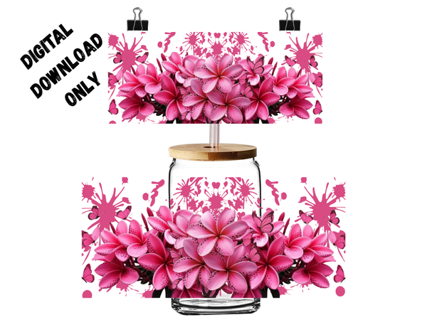 PNG Digital download 16oz wrap pretty pink flowers and butterflies