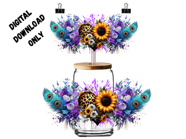 PNG digital 16oz wrap leaped heart with peacock feathers
