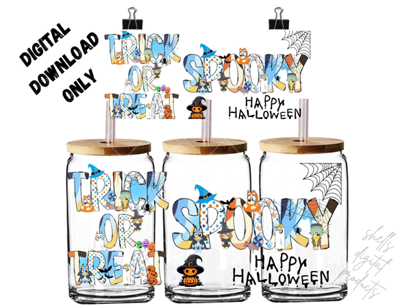 Spooky Halloween themed bluey and friends png dd for 16oz tumblers