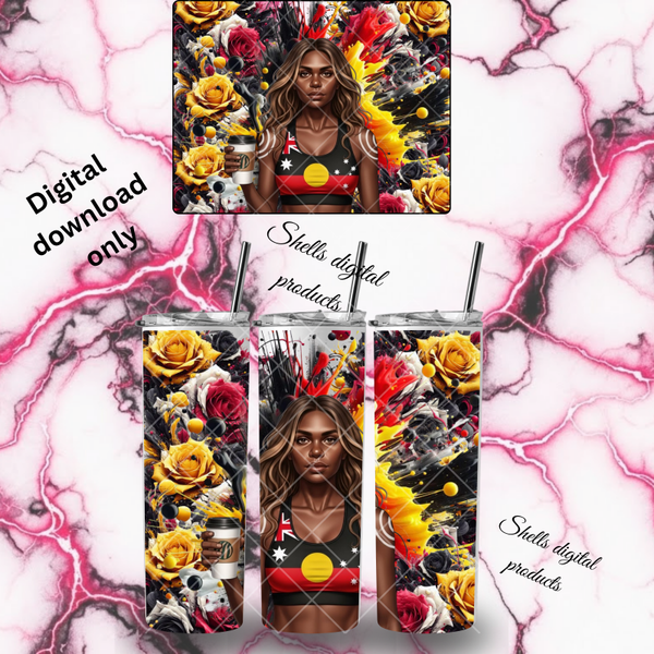 PNG dd sublimation indigenous woman and her coffee with flowers for 20oz skinny tumbler