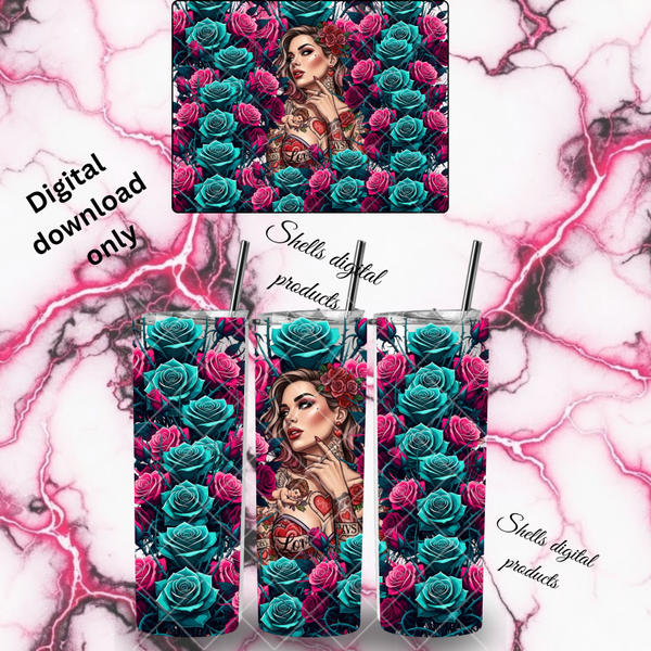 PNG dd sublimation woman in roses print for 20oz skinny tumbler