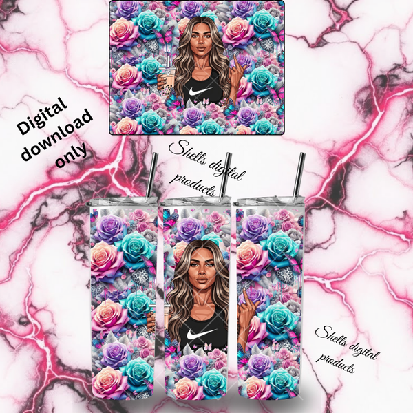 PNG dd sublimation indigenous woman in roses for 20oz skinny tumbler