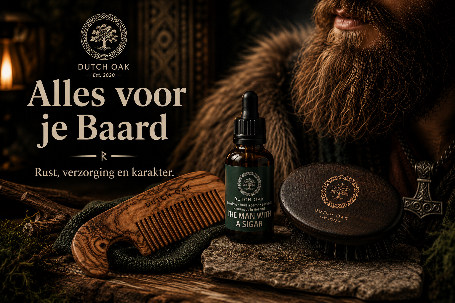 Baardverzorging met baardolie, baardkam en baardborstel van Dutch Oak