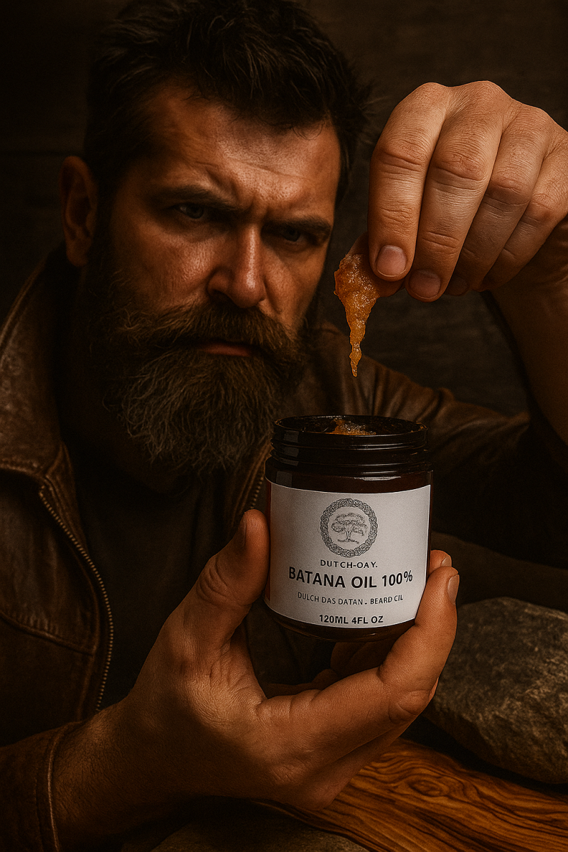 “Man met verzorgde baard gebruikt Batana beard oil van Dutch Oak”