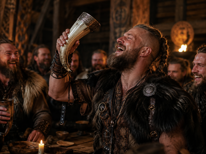 Vikingen proosten met drinkhoorns gevuld met mede tijdens feest