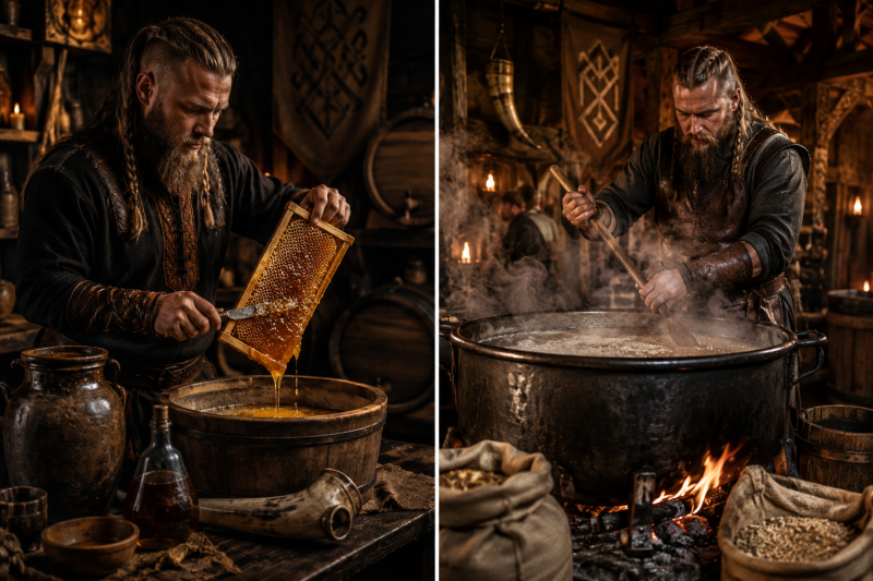 Viking maakt mede van honing in een houten vat