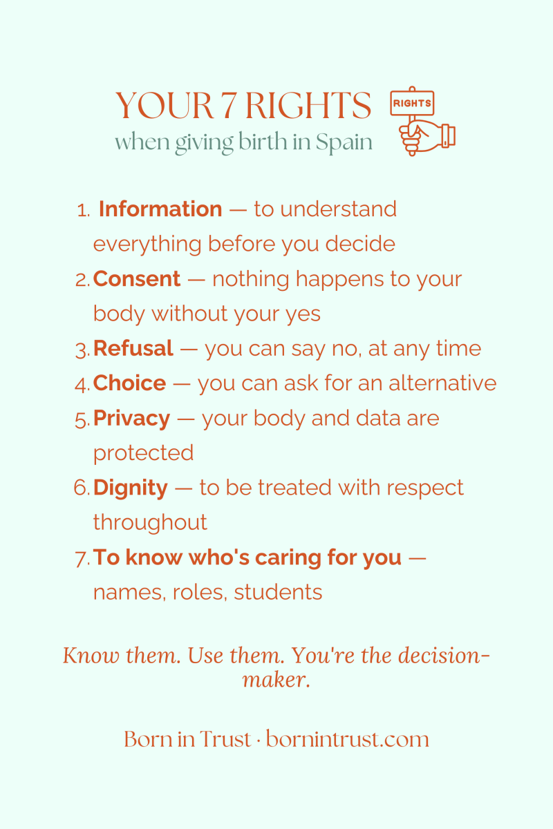 Picture with text; your 7 rights when giving birth in Spain; information, consent, refusal, choice, privacy, dignity, to know who is caring for you