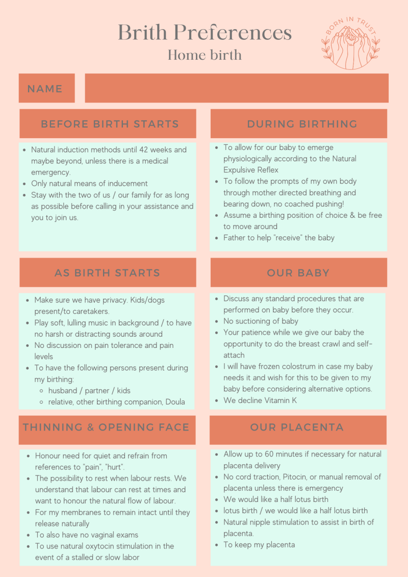 Hospital Birth Prefeerence Sheet for home births in and around Malaga