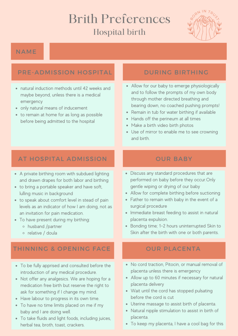 Hospital Birth Preference Sheet for hosptial births in and around Malaga