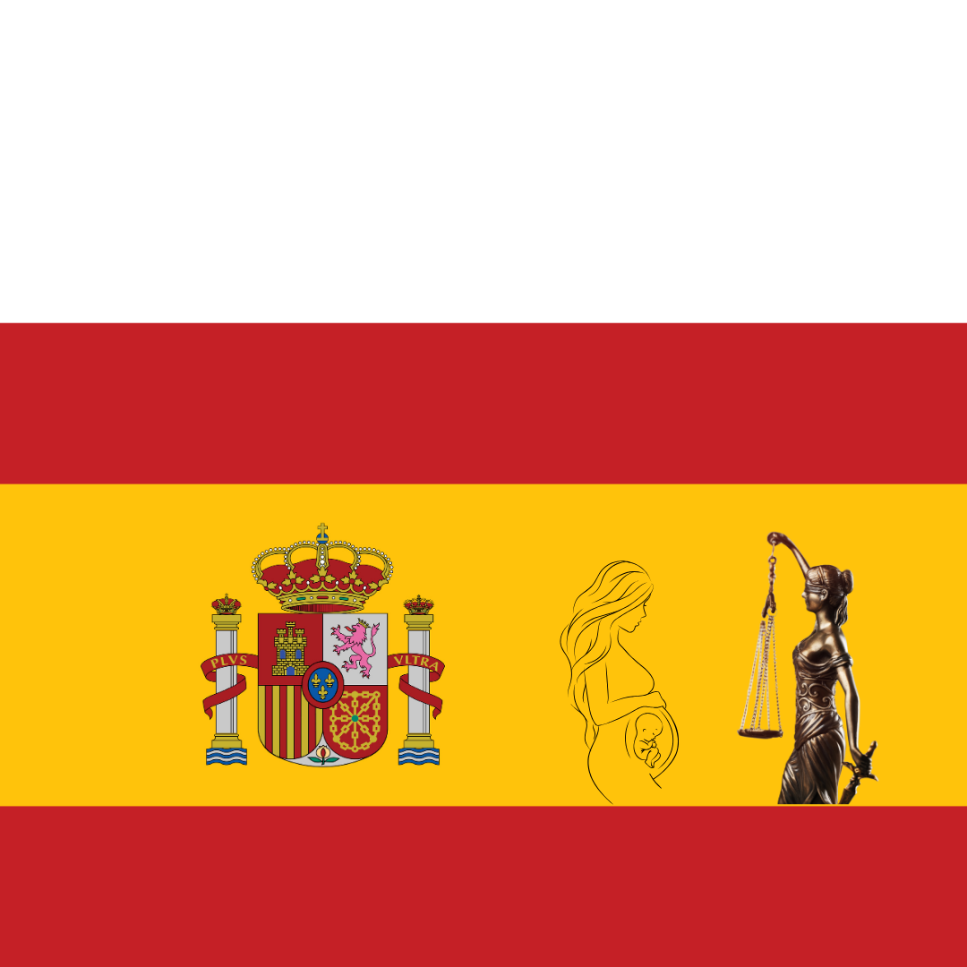 Spanish flag with Lady Justice and a pregnant woman in it to represend the birth rights in Spain of women