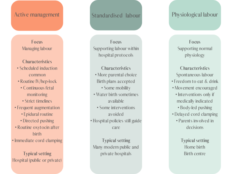 Diagram: labour management styles — Active Management / Standardised Labour / Physiological Labour