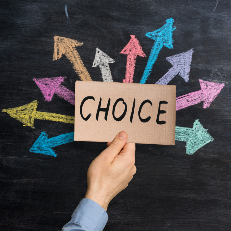 blackboard with chalk and the word choice pointing toward the choices in birth a preganant woman in spain can make