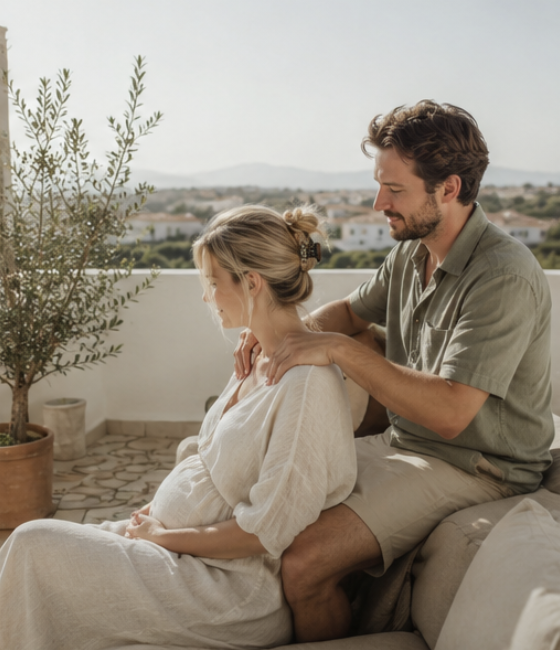 Pregnant Couple sitting on their roof top terrace in Spain